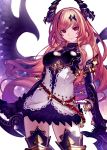  1girl absurdres bangs black_gloves black_skirt blonde_hair breasts closed_mouth dark_angel_olivia elbow_gloves eyebrows_visible_through_hair gloves granblue_fantasy hair_ornament highres holding holding_weapon horns legs long_hair looking_at_viewer medium_breasts red_eyes shadowverse shingeki_no_bahamut simple_background skirt smile solo thighhighs thighs very_long_hair weapon wings yurika0207 