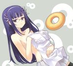  covering dasoku_sentarou doughnut food glasses hairband long_hair original purple_eyes purple_hair school_uniform solo thighhighs topless 