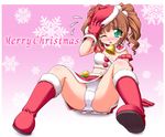  arm_support boots breasts brown_hair cameltoe cleavage green_eyes idolmaster idolmaster_(classic) matatabi_(2ccp) medium_breasts midriff navel panties pantyshot pantyshot_(sitting) santa_costume sitting solo spread_legs takatsuki_yayoi twintails underwear upskirt white_panties wince 