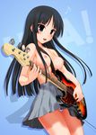  1girl akiyama_mio bangs bass_guitar black_eyes black_hair blue_background blunt_bangs blush blush_stickers breasts ears_visible_through_hair eighth_note eyebrows_visible_through_hair fender grey_skirt hair_between_breasts hechi hime_cut holding instrument jazz_bass k-on! large_breasts long_hair looking_at_viewer musical_note open_mouth panties pleated_skirt skirt solo striped striped_panties topless underwear 