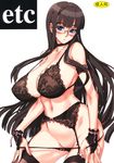  absurdres black_hair blue_eyes bra breasts cleavage garter_belt glasses groin highres huge_breasts lingerie long_hair newmen original panties solo thighhighs underwear underwear_only 