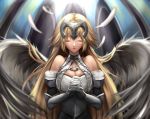  1girl absurdres angel_wings bare_shoulders blonde_hair breasts chains cleavage eyes_closed fate/apocrypha fate_(series) feathered_wings feathers gauntlets hands_clasped headpiece highres jeanne_d&#039;arc_(fate) jeanne_d&#039;arc_(fate)_(all) large_breasts long_hair own_hands_together shiki_(chen321aa) solo very_long_hair vest wings 