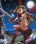  antenna_hair bad_id bad_pixiv_id bikini blood boots brown_hair chimney christmas fang full_moon gloves headless kimoto_kanata long_hair moon night original pointy_ears red_eyes red_scarf santa_claus scarf snow solo swimsuit sword weapon 