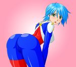  allenby_beardsley ass bad_id bad_pixiv_id bent_over blue_hair blush bodysuit cameltoe g_gundam green_eyes gundam leaning_forward makani_kohitujito mobile_trace_suit open_mouth short_hair skin_tight solo 