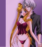  1boy 1girl bad_hands bishoujo_senshi_sailor_moon bishoujo_senshi_sailor_moon_r blonde_hair breasts camisole chemise cleavage diamond double_bun earrings facial_mark forehead_mark hand_holding interlocked_fingers jewelry lingerie long_hair open_mouth panties prince prince_demande prince_diamond purple_eyes silver_hair strap_slip tsukino_usagi twintails underwear very_long_hair 