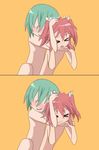  &gt;_&lt; bad_anatomy blush closed_eyes comic headlock iwasaki_minami kobayakawa_yutaka lucky_star multiple_girls nude simple_background smile wrestling 