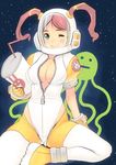  bad_id bad_pixiv_id breasts cleavage copyright_request green_eyes helmet large_breasts leotard masao one_eye_closed pink_hair solo space thighhighs twintails unzipped 