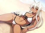  antenna_hair arm_support beach bikini bracelet breasts cleavage curvy dark_elf dark_skin dutch_angle elf groin jewelry kouki_kuu large_breasts long_hair navel orange_eyes pointy_ears sansei_muramasa side-tie_bikini smile solo soukou_akki_muramasa spread_legs swimsuit water white_hair white_swimsuit 