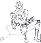 2019 bandage becca/rebecca belt boots bullet canid canine clothing eye_patch eyewear fallout fan_character footwear fox harpseal lever_action_rifle looking_down mammal pants sitting spiky_hair video_games weapon 
