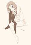  ^q^ bad_id bad_pixiv_id barefoot bottomless brown feet legs long_hair monochrome pantyhose pantyhose_around_one_leg pantyhose_pull saki school_uniform smile solo takei_hisa tokumi_yuiko twintails 