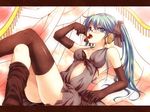  aqua_eyes aqua_hair bare_shoulders bespectacled black_legwear bra cherry crossed_legs elbow_gloves food fruit glasses gloves hatsune_miku holding holding_food holding_fruit jyuru legs lingerie lips long_hair lying sexually_suggestive solo thighhighs underwear vocaloid 