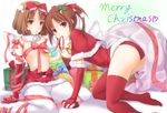  all_fours arm_support ass bow brown_hair chobipero christmas crotch_seam elbow_gloves gloves hair_bow holding_hands interlocked_fingers mouth_hold multiple_girls naked_ribbon original panties panties_under_pantyhose pantyhose red_eyes red_gloves ribbon ribbon_in_mouth santa_costume thighhighs topless underwear white_legwear 