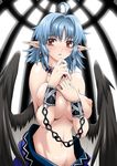  ahoge bars bdsm blue_hair bondage bound breasts cage chain covering covering_breasts cuffs earrings groin isse jewelry large_breasts necklace nipples original pointy_ears red_eyes short_hair slave solo topless wings 