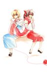  alice_margatroid bad_id bad_pixiv_id blonde_hair blue_eyes bow brown_hair cup detached_sleeves drinking hair_bow hairband hakurei_reimu heart heart_of_string highres holding_needle mary_janes multiple_girls needle nr_(cmnrr) ponytail red_eyes red_string sandals scarf sewing shoes short_hair smile string tea touhou yunomi 