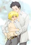  2boys blonde_hair blush eyes_closed haninozuka_mitsukuni hug incest male male_focus morinozuka_takashi multiple_boys open_clothes open_shirt ouran_high_school_host_club school_uniform shirt sweatdrop yaoi 