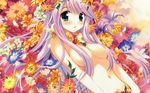  areola_slip areolae bangs bloom blush breasts chestnut_mouth colorful cropped dengeki_moeou eyebrows_visible_through_hair eyes_visible_through_hair field flower flower_censor flower_field flower_request green_eyes hair_censor hair_over_breasts hair_spread_out head_wreath highres long_hair looking_at_viewer lying medium_breasts navel nude on_back open_mouth orange_flower original outdoors purple_flower purple_hair red_flower red_rose rose sakura_koharu scan solo swept_bangs third-party_edit too_many too_many_flowers upper_body very_long_hair wallpaper white_flower 