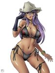  bell bikini black_bikini breasts cleavage collar curvy dark_skin earrings elf fingerless_gloves gloves hat jewelry large_breasts long_hair marckpf midriff necklace pointy_ears purple_hair side-tie_bikini solo swimsuit yellow_eyes 