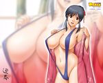  action_pizazz black_hair breasts cleavage huge_breasts saigadou slingshot_swimsuit solo swimsuit undressing wallpaper zoom_layer 