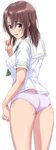  ass brown_eyes brown_hair copyright_request cowboy_shot eyebrows_visible_through_hair highres holding holding_hair long_hair looking_at_viewer nigou no_pants open_mouth panties school_uniform serafuku short_hair short_sleeves simple_background solo underwear white_background white_panties 