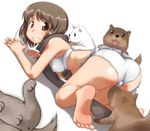 all_fours anus ass barefoot bikini brown_eyes brown_hair dog dutch_angle fat_mons feet hagiwara_yukiho idolmaster idolmaster_(classic) pack_of_dogs scared scarf short_hair solo swimsuit tears testicles trefoil ttomm 