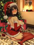  1girl ac_107 bare_shoulders bell black_eyes black_hair blurry blurry_background blush breasts christmas christmas_tree commentary_request covering_nipples depth_of_field detached_sleeves dress dress_pull embarrassed eyebrows_visible_through_hair from_side fur_trim garter_straps haguro_(kantai_collection) hat kantai_collection large_breasts panties red_dress red_legwear red_panties santa_costume santa_dress santa_hat short_dress shoulder_blades sitting solo sweatdrop thighhighs underwear wariza wavy_mouth 