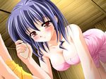  all_fours bare_shoulders blue_hair blush breasts cleavage dutch_angle game_cg impossible_towel large_breasts naked_towel natsume_itsuki red_eyes soap solo_focus towel yakimochi_twinbell yamino_kenji 