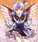  1girl :d bird_wings black_capelet black_skirt blue_bow blue_shirt blush bow brown_eyes capelet commentary_request cone_horns cowboy_shot frilled_skirt frills grey_hair head_wings highres horns long_sleeves multicolored_hair purple_hair purple_horns red_ribbon red_wings ribbon ruu_(tksymkw) shirt single_head_wing skirt smile solo tokiko_(touhou) touhou two-tone_hair two-tone_wings white_hair wide_sleeves wings 