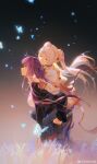  2girls absurdres artist_name black_pants blue_butterfly bug butterfly capelet carrying closed_eyes closed_mouth earrings fern_(sousou_no_frieren) frieren grass hair_between_eyes highres jewelry light_blush long_hair looking_ahead multiple_girls night outdoors pants piggyback pointy_ears purple_eyes purple_hair sidelocks sousou_no_frieren twintails wading white_capelet white_hair ying_yi 