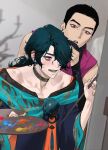  2boys black_hair blush chanoo_artz collarbone earrings english_commentary fingernails green_hair hair_over_one_eye highres holding holding_brush hwei_(league_of_legends) indoors jewelry jhin league_of_legends long_hair male_focus multiple_boys open_mouth painting_(action) ponytail purple_eyes red_eyes short_hair sweatdrop teeth upper_body 