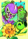  358_dymitre absurdres artist_name cactus_(plants_vs_zombies) chomper_(plants_vs_zombies) highres leaf looking_at_viewer one_eye_closed open_mouth peashooter_(plants_vs_zombies) plants_vs_zombies sharp_teeth sunflower_(plants_vs_zombies) teeth tongue tongue_out yellow_petals 