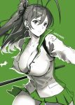  1girl antenna_hair artist_name black_ribbon breasts brown_eyes brown_hair cleavage closed_mouth collarbone collared_shirt english_commentary green_background green_skirt green_theme hair_between_eyes hair_ribbon highres highschool_of_the_dead holding holding_polearm holding_weapon large_breasts long_hair looking_at_viewer miniskirt missfaves miyamoto_rei pleated_skirt polearm ponytail ribbon shirt skirt solo torn_clothes torn_shirt weapon white_shirt 