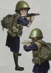  1girl absurdres ak-74 aks-74 assault_rifle backpack bag black_footwear blue_jacket blue_serafuku blue_skirt brown_eyes brown_hair canteen chest_rig combat_helmet garoppui green_bag green_eyes green_headwear grey_background gun hair_bun helmet highres holding holding_gun holding_weapon jacket kalashnikov_rifle load_bearing_vest loafers looking_to_the_side looking_up multiple_views open_mouth original pantyhose rifle school_uniform serafuku shoes short_hair skirt tactical_clothes weapon 