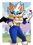  absurdres alternate_costume animal_ears armor bat_ears blue_bodysuit bodysuit breasts cleavage cosplay furry furry_female gloves green_eyes hand_on_own_hip highres huge_breasts looking_at_viewer pauldrons roboticsteve rouge_the_bat shoulder_armor solo sonic_(series) vegeta vegeta_(cosplay) white_footwear white_gloves 