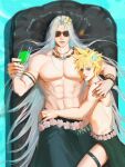  2boys abs afloat armlet bead_bracelet beads biceps black_skirt blonde_hair blue_eyes blue_flower bracelet cloud_strife couple cup drink final_fantasy final_fantasy_vii flower frost9792 glass grey_hair hair_flower hair_ornament hand_on_another&#039;s_shoulder hand_on_another&#039;s_waist highres holding holding_cup holding_drink inflatable_raft inflatable_toy jewelry knee_up large_pectorals leg_between_thighs light_smile long_hair lying male_focus matching_ring multiple_boys muscular muscular_male necklace on_back outdoors pectorals pink_flower pool ring sephiroth shell shell_necklace short_hair skirt spiked_hair summer sunglasses thigh_strap topless_male upper_body water wedding_ring yaoi yellow_flower 