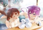  2girls absurdres animal_ear_fluff animal_ears bathing blush breasts brown_hair cat_ears cat_girl cat_tail closed_eyes collarbone dog_ears dog_girl dog_tail highres hololive inugami_korone low_twintails medium_breasts medium_hair multiple_girls nekomata_okayu open_mouth purple_eyes purple_hair short_hair smile tail twintails umakuchi_shouyu virtual_youtuber 