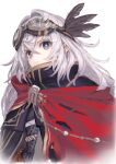  1girl absurdres black_cloak blue_eyes cloak commentary_request crossed_bangs fate/grand_order fate_(series) feather_hair_ornament feathers goggles hair_between_eyes hair_ornament highres red_cloak saika_magoichi_(fate) shirabi sidelocks solo white_hair 
