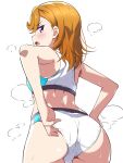  1girl arms_behind_back ass back bare_shoulders blush borgbutler commentary_request from_behind highres long_hair looking_at_viewer looking_back love_live! love_live!_superstar!! open_mouth orange_hair panties panty_pull purple_eyes shibuya_kanon simple_background solo sweat sweatdrop underwear upper_body white_background 