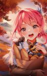  1girl :d animal animal_on_shoulder bag baguette bat_(animal) blush bread brown_shirt commentary_request day food grocery_bag hair_intakes hair_ribbon hand_up highres holding holding_food lake long_hair long_sleeves looking_at_viewer mountain original outdoors paper_bag pink_hair pretzel red_eyes ribbon rimuu shirt shopping_bag sleeves_past_wrists smile solo teeth upper_teeth_only water white_ribbon 
