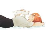  1girl cat_on_chest feet_out_of_frame himesaki_kasane kamisama_ga_machigaeru light_smile lying nakatani_nio petting red_hair simple_background white_background 