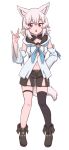  1girl animal_ears black_thighhighs cosplay detached_sleeves highres hololive inubashiri_momiji looking_at_viewer navel red_eyes shirakami_fubuki shirakami_fubuki_(1st_costume) shirakami_fubuki_(cosplay) single_thighhigh solo tail thigh_strap thighhighs touhou white_background white_hair white_sleeves wolf_ears wolf_girl wolf_tail wool_(miwol) 