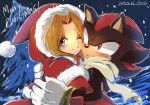  1boy 1girl 2019 animal_ears animal_nose black_fur blonde_hair christmas christmas_tree furry furry_male gloves hat hedgehog hug looking_at_viewer maria_robotnik merry_christmas night one_eye_closed red_eyes red_fur santa_costume santa_hat scarf signature snow snowing sonic_(series) sonic_the_hedgehog tondamanuke two-tone_fur 