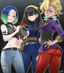  3girls ass black_hair blonde_hair bob_cut briar_(pokemon) bright_pupils butcha-u camera carmine_(pokemon) colored_inner_hair crop_top grey_shirt hairband hands_on_own_hips highres holding holding_camera jacket long_hair looking_at_viewer mole mole_under_eye multicolored_hair multiple_girls navel off-shoulder_shirt off_shoulder pants partially_shaded_face perrin_(pokemon) pokemon pokemon_sv purple_jacket red_pants shaded_face shirt smile stomach very_long_hair white_pupils yellow_eyes yellow_hairband 