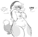  2023 anthro breasts canid canine clothing female genitals good_girl hat hat_only headgear headgear_only headwear headwear_only hi_res mammal monochrome mostly_nude nipple_piercing nipples piercing pussy simple_background slightly_chubby solo tagme wobbybones 