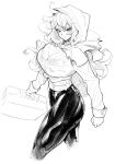  1girl aeyga breasts greyscale grimm_(red_hood) highres hood monochrome muscular muscular_female pants red_hood_(kawaguchi) short_hair sketch solo suitcase tight_clothes tight_pants 