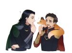  2boys alternate_costume alternate_universe animal animal_ears animal_nose animification black_hair black_shirt black_vest brown_eyes brown_hair cape english_commentary facial_hair fingernails fox fox_ears fox_tail gold_trim green_cape green_eyes hand_up loki_(marvel) long_sleeves looking_at_another male_focus marvel marvel_cinematic_universe medium_hair multiple_boys murdermuffinloki open_mouth orange_fur red_cape red_shirt shirt short_hair simple_background smile standing tail teeth tongue tony_stark vest white_background 