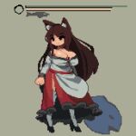  animal_ears breasts brown_hair cleavage closed_mouth crabb full_body grey_background health_bar huge_breasts imaizumi_kagerou large_breasts long_hair lowres pixel_art red_skirt simple_background skirt smile standing touhou wolf_ears wolf_girl 