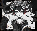  1girl adjusting_headphones alternate_color bare_shoulders black_hair black_nails black_necktie black_shirt detached_sleeves floating_hair flower hair_between_eyes hair_flower hair_ornament hatsune_miku headphones highres inu_totemo long_hair looking_at_viewer monochrome necktie nisoku_hokou_(vocaloid) parted_lips shirt simple_bird solo spot_color translation_request twintails very_long_hair vocaloid 