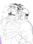  2boys bags_under_eyes bara blush boogeyman_(housamo) clothes_lift couple facial_hair goatee grabbing grabbing_from_behind hand_under_clothes heart highres lifted_by_another long_sideburns male_focus mature_male midriff_peek multicolored_hair multiple_boys muscular muscular_male mustache_stubble navel pectoral_grab protagonist_4_(housamo) scar shirt_lift sideburns sideburns_stubble spot_color suzuki80 thick_eyebrows tokyo_afterschool_summoners torogao two-tone_hair upper_body yaoi 