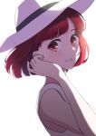  1girl arima_kana bob_cut chouchou_aile dress hat hat_ribbon highres inverted_bob looking_at_viewer oshi_no_ko red_eyes red_hair ribbon short_hair simple_background smile solo upper_body white_background white_dress white_headwear 