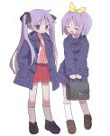  2girls bag blue_eyes blue_jacket bow brown_footwear closed_eyes closed_mouth double_horizontal_stripe full_body grey_bag hair_bow hairband hand_in_pocket highres hiiragi_kagami hiiragi_tsukasa holding holding_bag jacket light_blush light_smile loafers long_hair long_sleeves looking_at_viewer lucky_star medium_hair miniskirt multiple_girls neckerchief open_clothes open_jacket open_mouth parted_bangs pink_neckerchief pleated_skirt purple_bow purple_hair red_sailor_collar red_skirt ri_(qrcode) ryouou_school_uniform sailor_collar school_bag school_uniform shirt shoes simple_background skirt smile socks standing straight_hair tsurime twintails very_long_hair white_background white_shirt white_socks yellow_bow yellow_hairband 